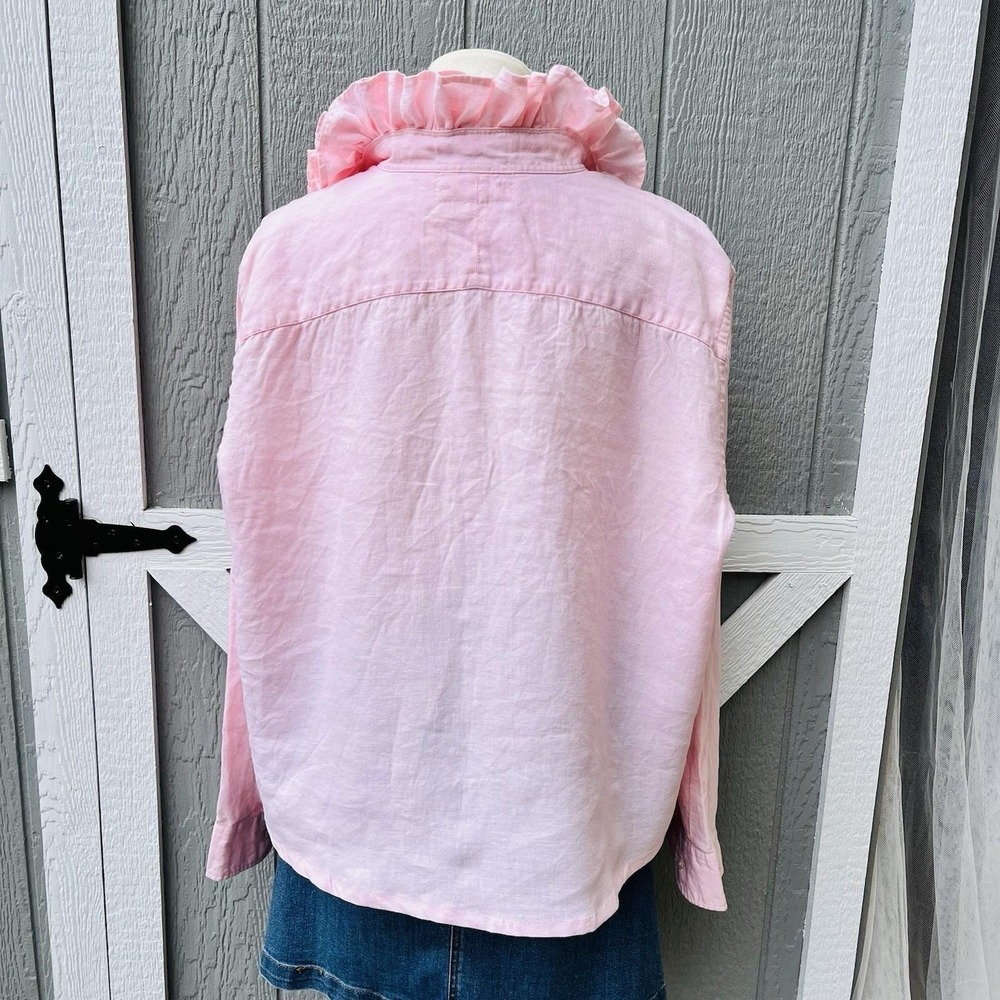Upcycled Re-worked Lauren Ralph Lauren Shell Pink Linen Ruffle Collar Shirt XL - Picture 4 of 9